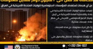 السفارة الأمريكية في بغداد تدعو المواطنين للتعاون المعلوماتي لمواجهة الهجمات التي تستهدف بعثتها الدبلوماسية